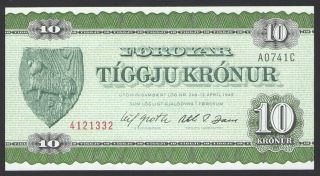 Faeroe Islands - 10 Tiggju Kronur / Kronen 1949 Banknote/note - P 16 / P16 Unc photo