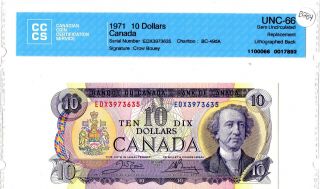 1971 $10 Bank Of Canada Replacement,  Litho,  Edx,  Bc - 49da,  Unc - 66 Crow / Bou B284 photo