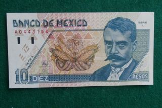 1994 Mexico 10 Nuevos Pesos Note Emiliano Zapata Unc photo