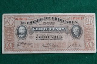 1915 Note Mexico Estado Chihuahua 20 Pesos Revolution photo