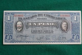 1914 Note Mexico Estado Chihuahua 1 Peso Revolution photo
