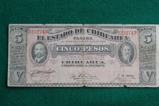 1915 Note Mexico Estado Chihuahua 5 Pesos Revolution photo
