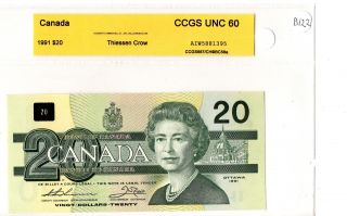 1991 $20 Bank Of Canada Note,  With Serifs Th/cr Unc - 60 B290 photo