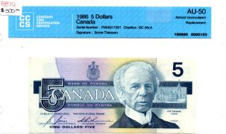 1986 Canada $5 Replacement Note,  Fnx,  Cccs Graded,  Au - 50,  B872 photo
