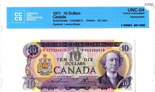 1971 $10 Bank Of Canada Replacement Note,  Bc - 49ca Va Choice Unc 64 B278 photo
