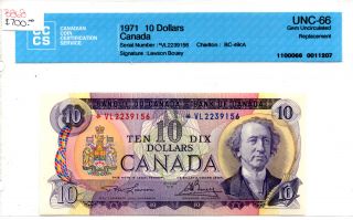 1971 Canada $10 Replacement Note,  Vl,  Cccs Graded,  Gem Unc - 66,  B868 photo