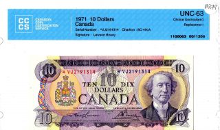 1971 $10 Bank Of Canada Replacement Note,  Vj,  Bc - 49ca,  Choice Unc 63 B279 photo
