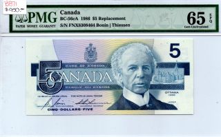 1986 Canada $5 Replacement Note,  Fnx,  Pmg Graded,  Gem Unc - 65,  B871 photo