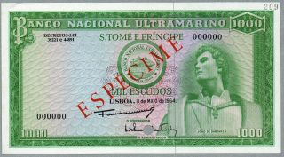 1000 Escudos São Tomé E Príncipe Spécimen Banknote,  11 - 05 - 1964,  Pick 40 - S,  Aunc photo