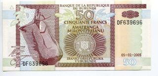 Burundi 50 Francs 2005 Unc Banknote Hyppopotamus,  Flat Boat,  Barge photo