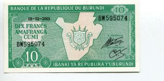 Burundi 10 Francs 2005 Unc Banknote photo