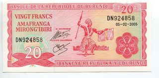 Burundi 20 Francs 2005 Unc Banknote photo
