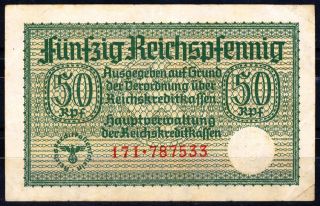 Germany 1939 Ww2 50 Reichspfennig Swastika German Nazi Bank Note Old Paper Money photo