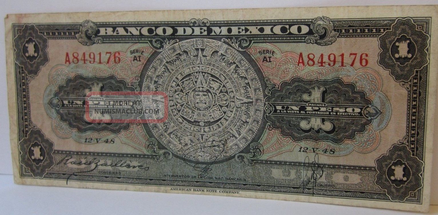Mexico 1 Peso 1948 Note Fine Note, Rare Old Date Collectible