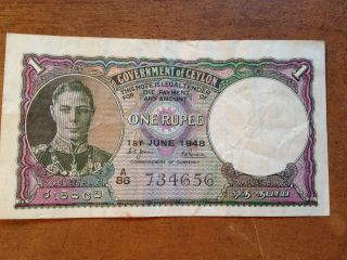 Government Of Ceylon 1948 One Rupee King George Vi Banknote photo