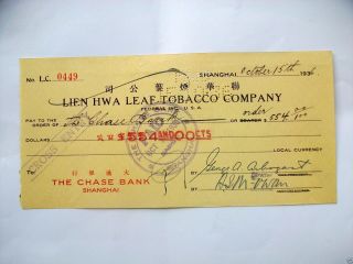 Uc11 China 1936 Chase Bank In Shanghai Very Old Bank Check Au Very Rare photo