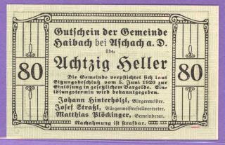 Haibach Bei Aschach Austria Notgeld Single Note 80 Heller photo
