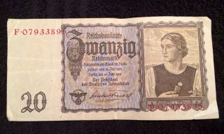 Germany 20 Reichsmark 1939 Banknote With Nazi Symbol photo