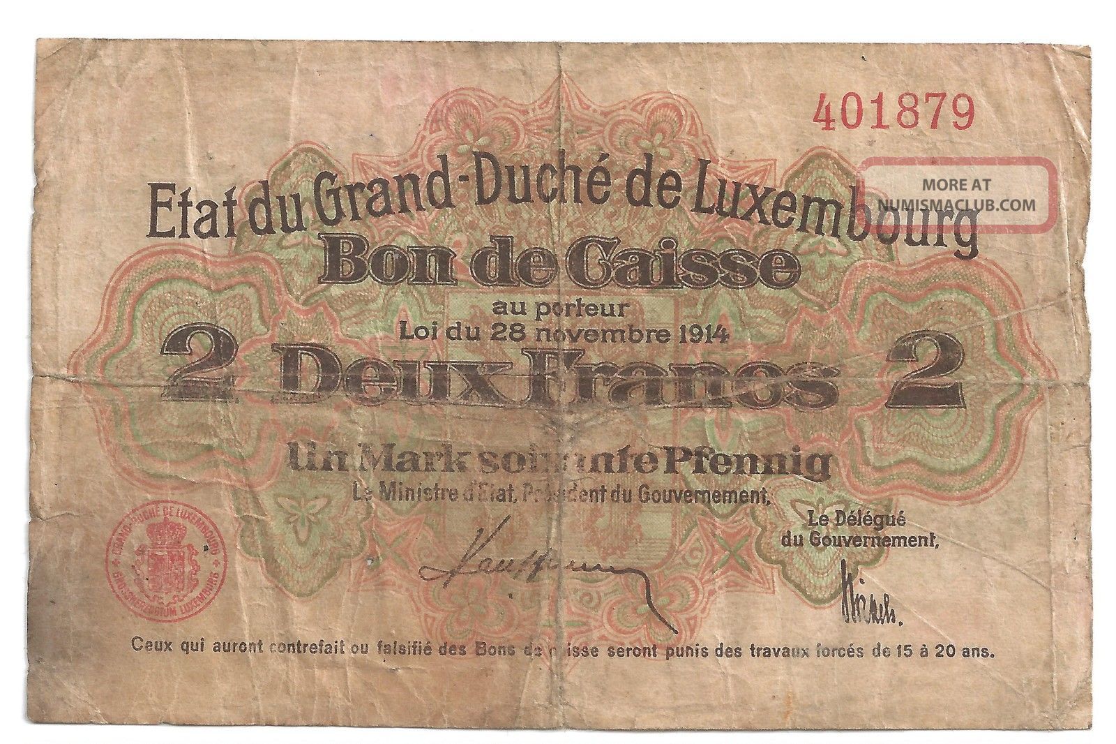 Luxembourg 2 Franken 1 Mark 60 Pfennig 1914 P22 Germany Europe photo
