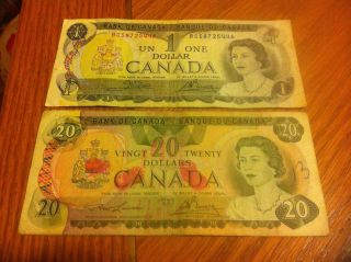 1979 Twenty Dollar Canada Note $20 Bill 50186303211 Circulated W.  1973 $1 Bill photo