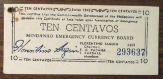 Philippines Pk S512 1943 Wwii Mindanao 10 Centavos Guerilla Banknote photo
