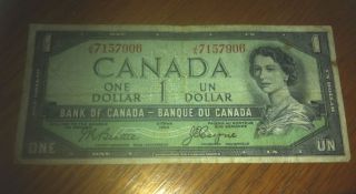 1954 One Dollar Canadian Devil Hair Note $1 Bill J/a7157906 Circulated Canada photo