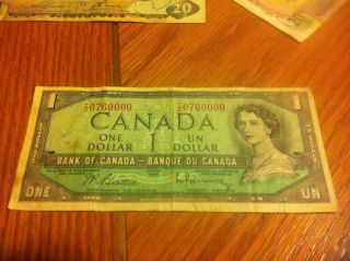 1954 One Dollar Canadian Trinary Note $1 Bill T/z0760000 Circulated Canada photo