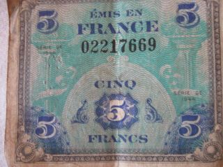 France: 5 Francs Allied Invasion Note,  Series 1944,  De,  Wwii Cl20 - 4fs photo