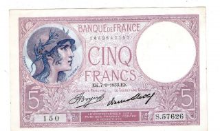 France Note 5 Francs 7.  9.  1933 P 72e Au photo
