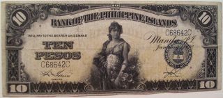 Philippines 1920 Bank Of The Philippines Islands - Ten Peso Note - Pick 14 photo