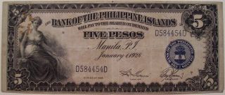 Philippines 1928 The Bank Of The Philippines Islands 5 Peso Note Pick 16 photo