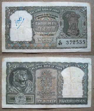 16/8/65 { Half Tiger Face } Old 2 Two Rupees P.  C.  Bhattacharya Olive Green Note photo