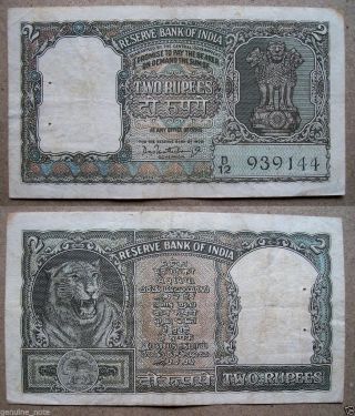 16/8/65 { Half Tiger Face } Rs.  2 Two Rupees P.  C.  Bhattacharya Olive Green Note photo