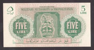 Libya Tripolitan​ia 5 Lire 1943 Aunc+ Pm2a Wwii British Military Authority photo