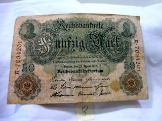 German 50 Mark Reichbanknote - A - 7034201 - 1910 German Paper Money photo