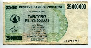 Zimbabwe 25 000 000 Dollars 2008 Vf African Paper Money Watermark: 500 And Bird photo