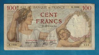 Rs.  28=9=1939.  Rs.  Banque De France 100 Cent Francs photo