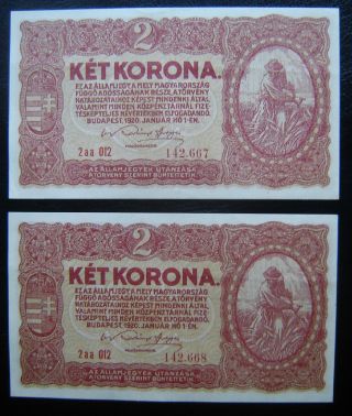 Very Rare 2x2 Korona/kronen,  1920 Consecutive Serial,  Unc - Hungary photo