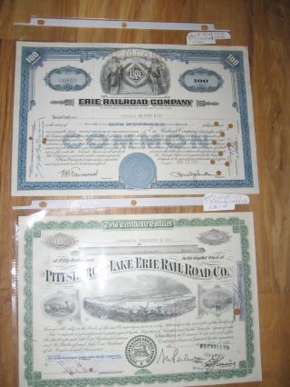 1954 Erie Railroad Stock Certificate 100 Shares + 1957 Pittsburgh & Lake Erie photo