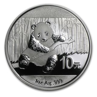 China 2014 Panda 10 Yuan 1 Oz Troy Of Fine.  999 Silver Bullion Uncirculated Coin photo