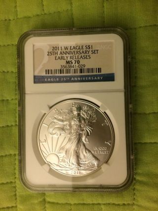 2011 W $1 Burnished Silver Eagle Ngc Ms70 Early Release 25th Anniversary photo