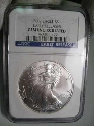 Unc Gem 2007 Silver Blue Label Us American Eagle.  1 Tr Oz Ngc Early Release.  21 photo