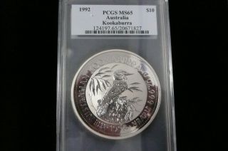 1992 10 Oz Silver Australian Kookaburra Coin - Pcgs Ms65 