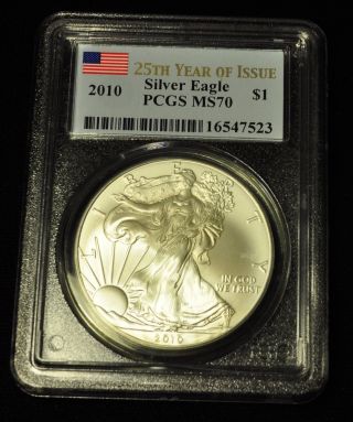 2010 1 Oz Silver American Eagle Silver Dollar Pcgs Ms 70 25th Year Of Issue photo
