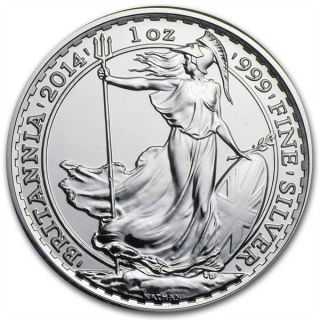 2014 1 Oz Silver Britannia Coin - One Troy Oz.  999 Bullion (sku 1agbrsgb - 91) photo