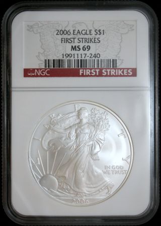 2006 American Eagle Silver Dollar Ms69 First Strikes Ngc Cert Red Label Cvc photo