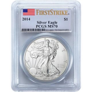 2014 Silver American Eagle Ms70 Pcgs Flag Label First Strike (wow Sweet) photo