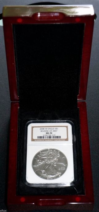 2008 - W Reverse Of 2007 American Silver Eagle Ngc Ms70 Perfect Rare Coin + Box photo