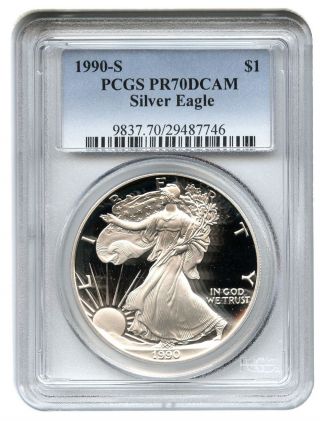 1990 - S Silver Eagle $1 Pcgs Proof 70 Dcam American Eagle Silver Dollar Ase photo