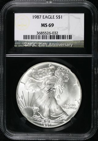 1987 S$1 Ngc Ms69 Silver American Eagle - 25th Anniversary Slab photo